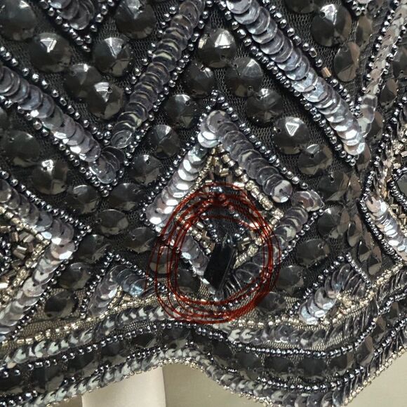 Adrianna Papell Beaded Mesh Sheath Dress Black Silver Sequin Art Deco Mod Mini - Picture 12 of 15